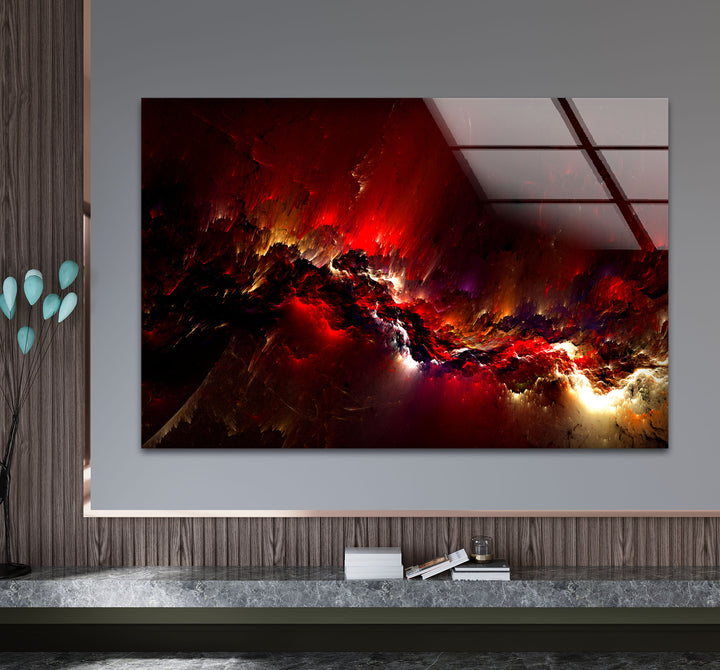 Crimson Nebula Wall Art – Fiery Red Abstract Galaxy Glass Print