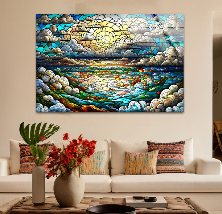 Serene Ocean Sunset Stained Glass Wall Art – Coastal Landscape Window Design