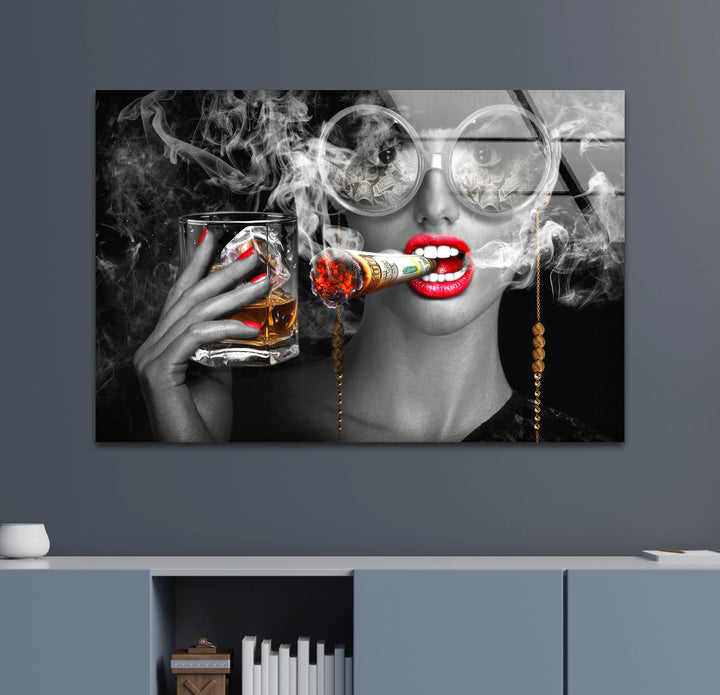 Luxury Diva Wall Art with Whiskey and Dollar Cigar – Bold Glam Glass Print - MyPhotoStation