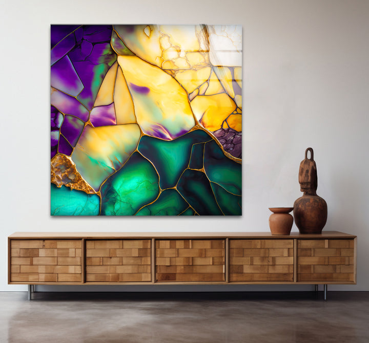 Emerald Amethyst Abstract Glass Wall Art – Geode Mosaic Color Print