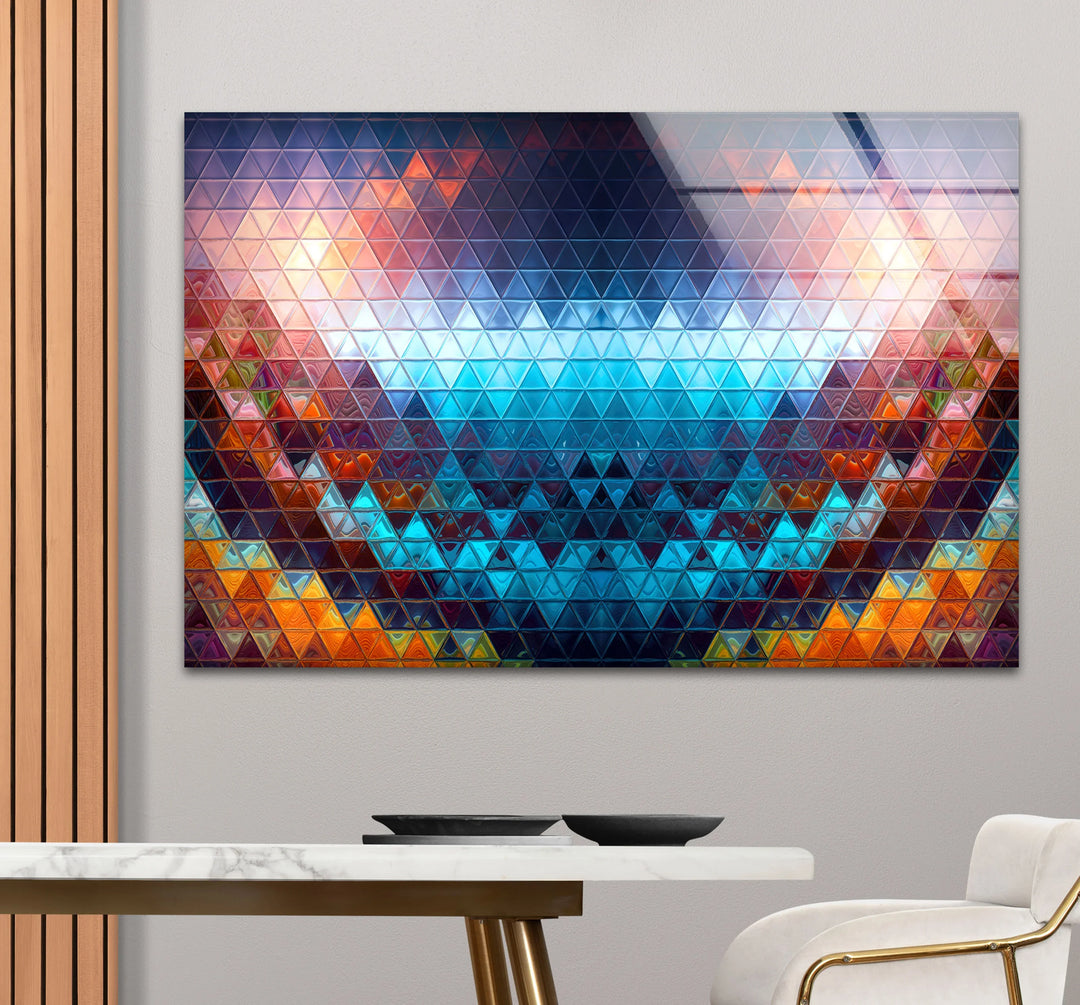 The dazzling geometric prism glass art painting evokes a sensation of vibrant motion with its colorful triangle mosaic and sleek, reflective surface.