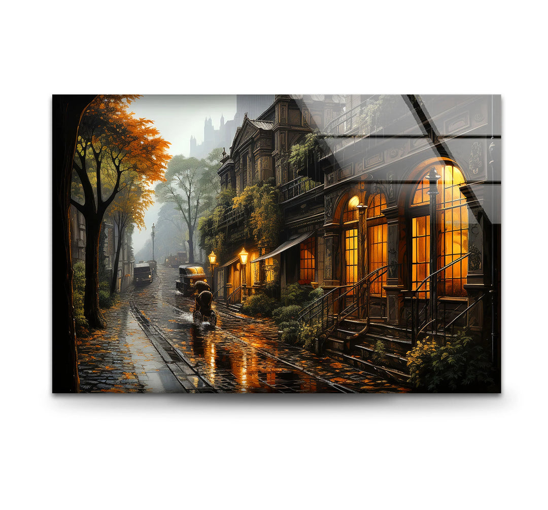 Rainy Vintage Street Wall Art – Warm Autumn Cityscape Glass Print - MyPhotoStation