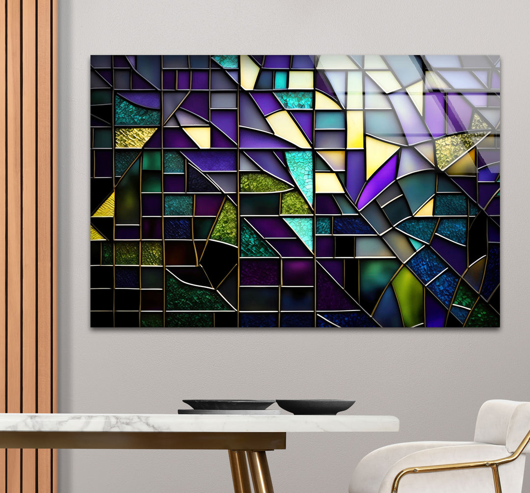 Modern Abstract Stained Glass Wall Art – Purple & Gold Geometric Decor