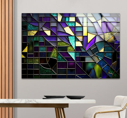 Modern Abstract Stained Glass Wall Art – Purple & Gold Geometric Decor - MyPhotoStation