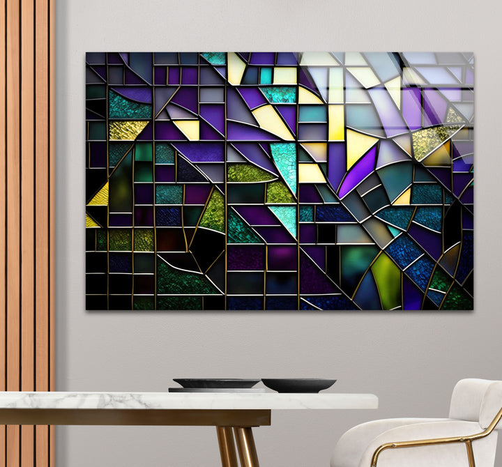 Modern Abstract Stained Glass Wall Art – Purple & Gold Geometric Decor