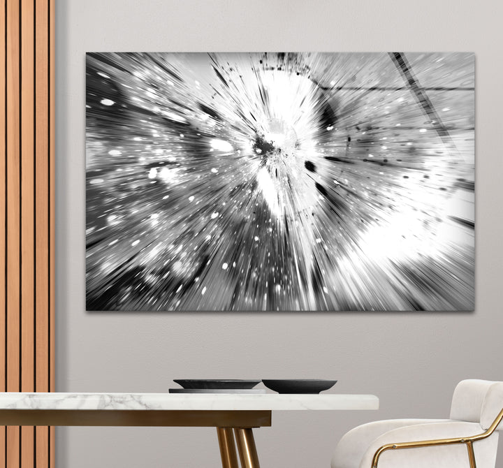 Monochrome Explosion Wall Art – Abstract Black and White Glass Print