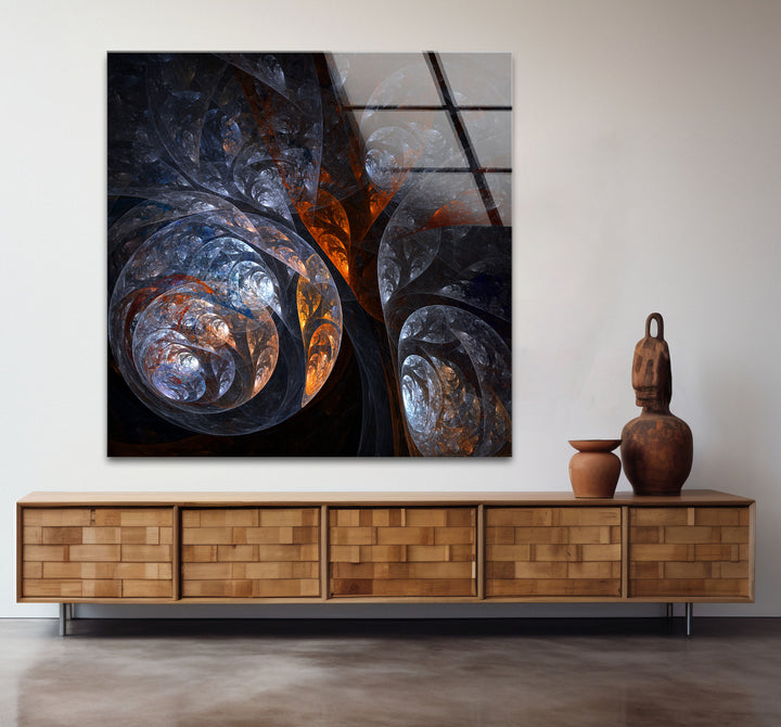 Cosmic Fractal Swirl Wall Art – Dark Abstract Universe Glass Print