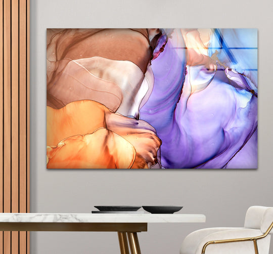 Close-up of abstract purple and amber glass artwork, showcasing flowing shapes and color blends as unique modern wall decor.