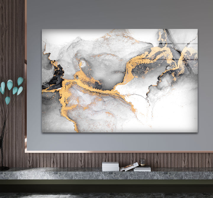 Black White and Gold Abstract Wall Art – Minimalist Glass Print for Modern Decor