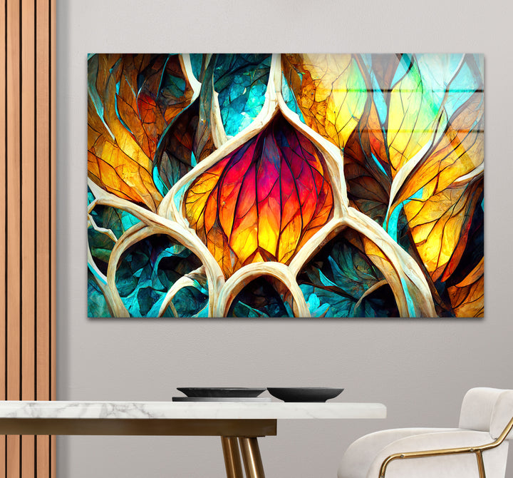 Von der Natur inspirierte Buntglas-Wandkunst – Abstraktes Blattdesign 