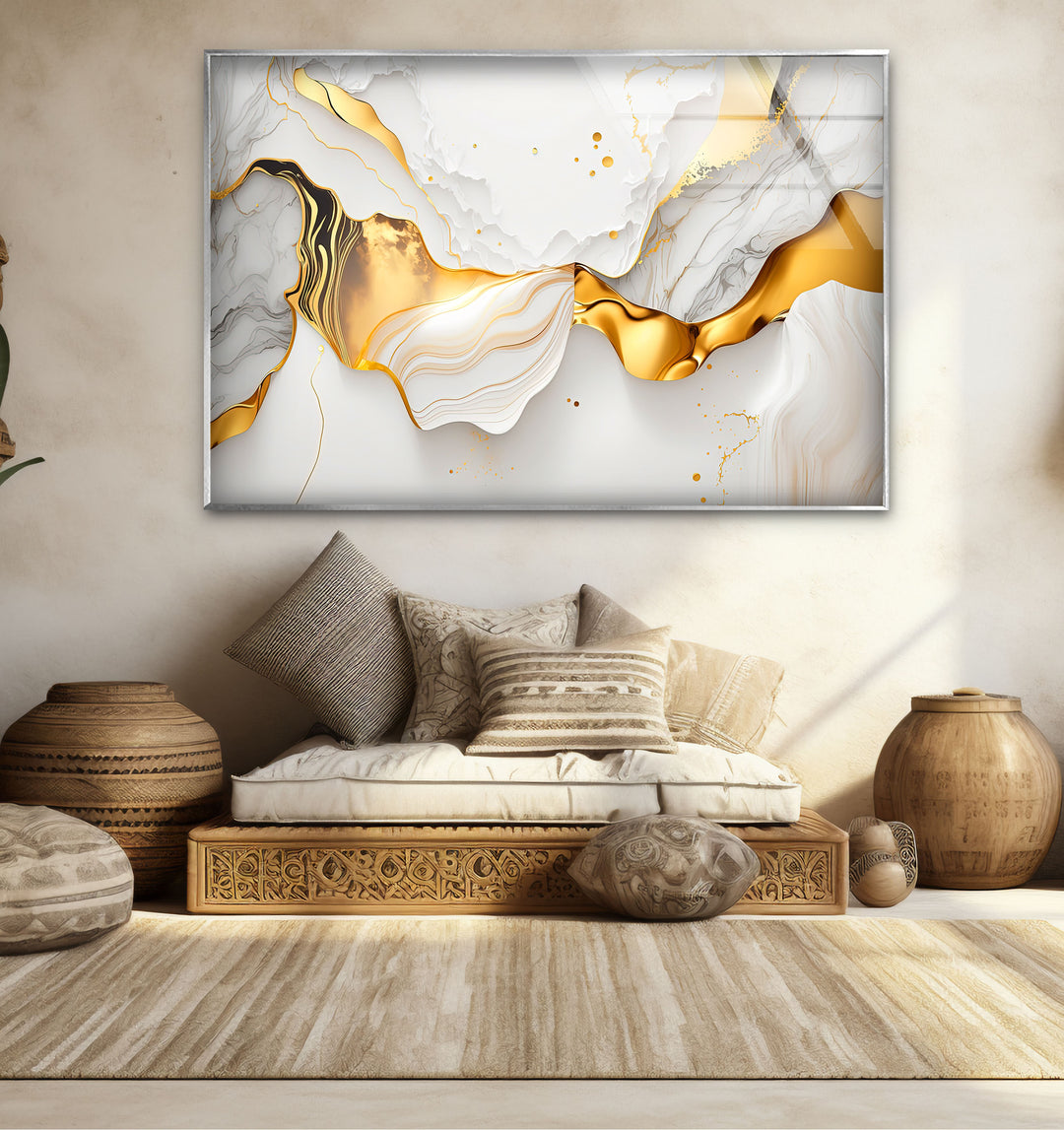 Marble Gold Wave Wall Art – Luxury Abstract Glass Print for Modern Interiors