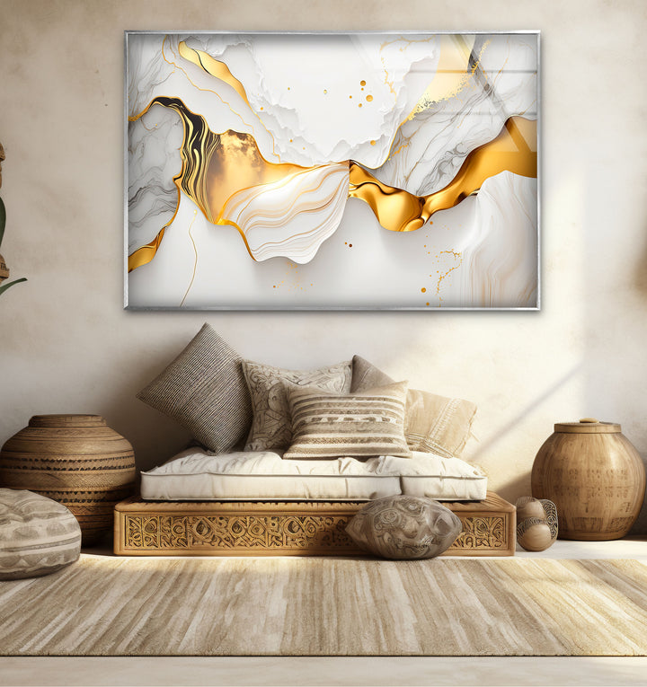 Marble Gold Wave Wall Art – Luxury Abstract Glass Print for Modern Interiors
