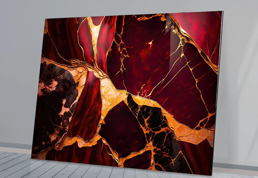 Red and Gold Marble Wall Art – Luxurious Crimson Glass Print with Cracked Vein Pattern for Bold Modern Interiors - MyPhotoStation
