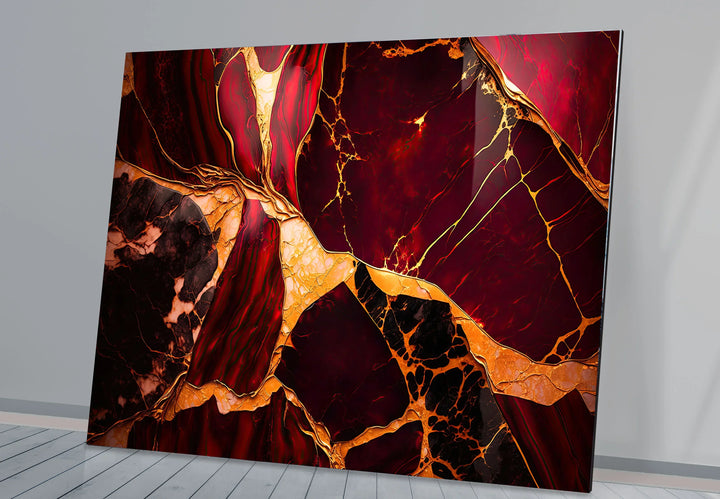 Red and Gold Marble Wall Art – Luxurious Crimson Glass Print with Cracked Vein Pattern for Bold Modern Interiors - MyPhotoStation