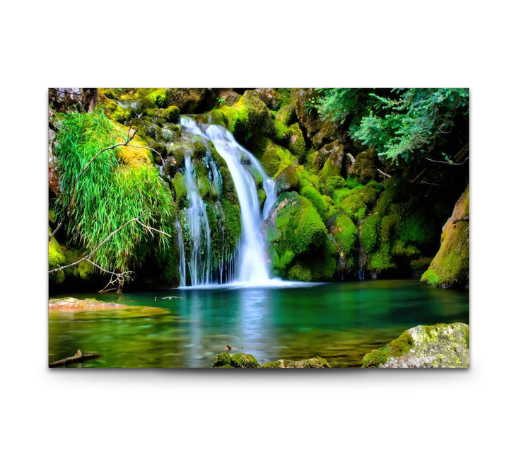 Forest Waterfall Wall Art – Serene Glass Landscape Print with Lush Green Moss and Crystal Clear Stream for Nature-Inspired Interiors - MyPhotoStation