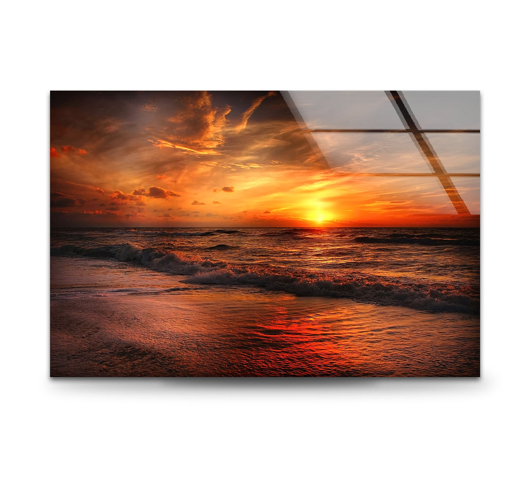 Fiery Sunset Ocean Wall Art – Bold Coastal Glass Print for Dramatic and Modern Interiors