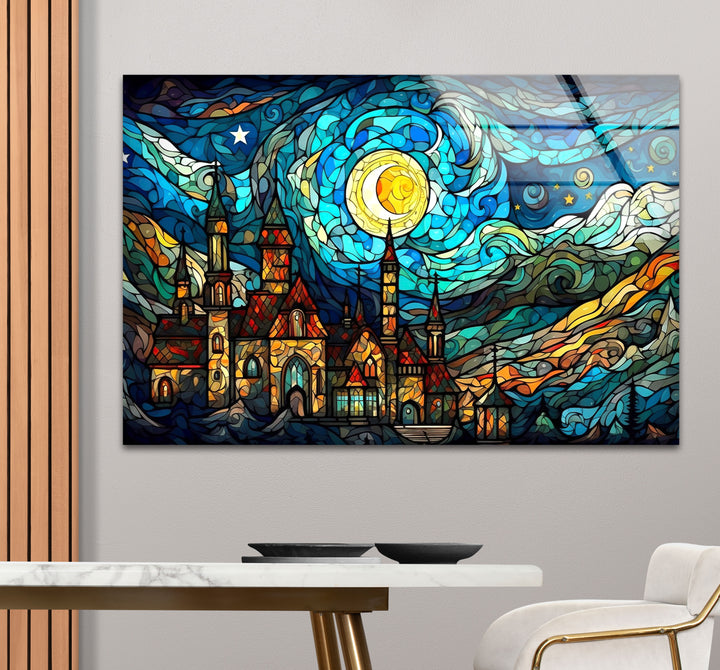 Van Gogh Sternennacht Schloss Glaswandkunst – Buntglas-inspiriert 