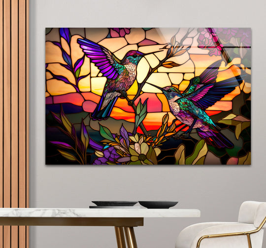 Stained glass wall art shows hummingbirds and sunset tones with floral accents and vibrant birds for a nature inspired stained glass birds theme decor