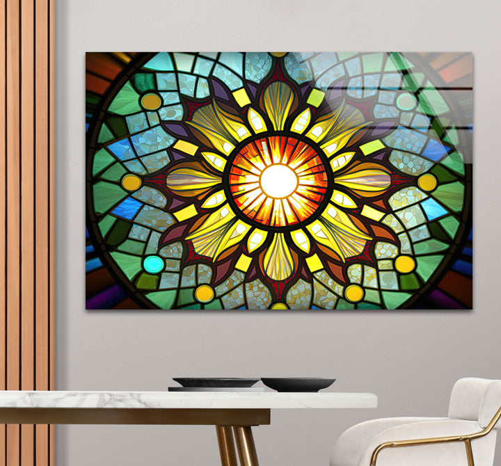 Strahlende Buntglas-Wandkunst mit Sonnenstrahlen – Buntes Mandala-Fensterpaneel 