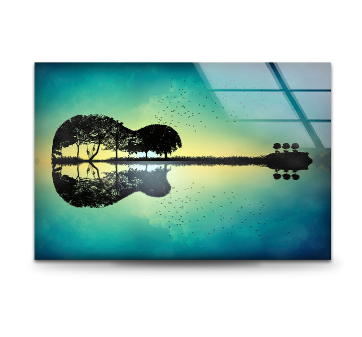 Surreal Guitar Island Wall Art – Nature and Music Landscape Glass Print