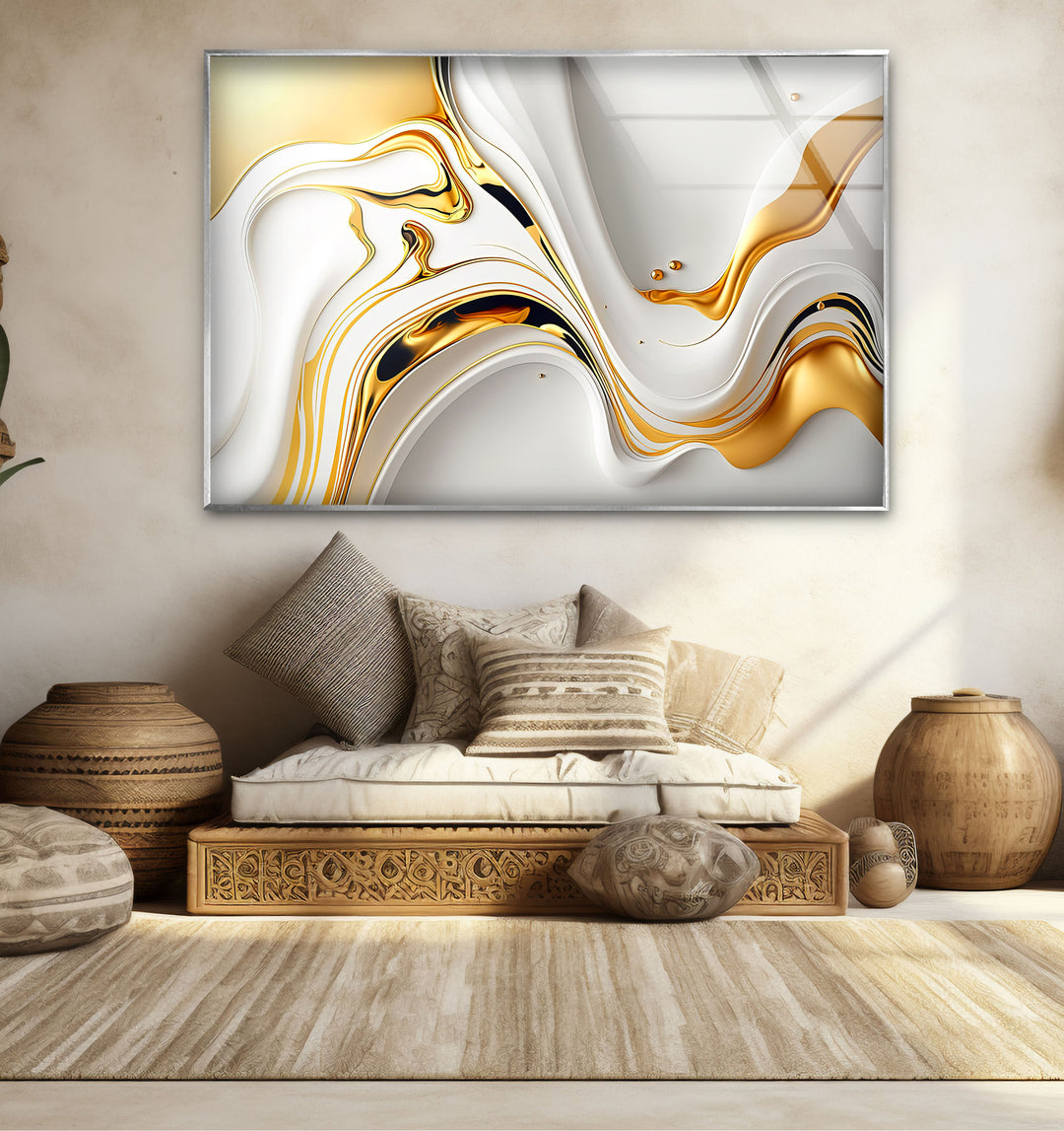 White Gold Fluid Wall Art – Modern Abstract Glass Print for Interior Elegance