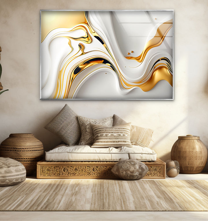 White Gold Fluid Wall Art – Modern Abstract Glass Print for Interior Elegance