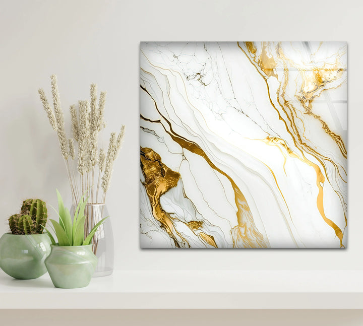 Gold Vein Marble Wall Art – Elegant White & Gold Glass Print for Modern Interiors - MyPhotoStation