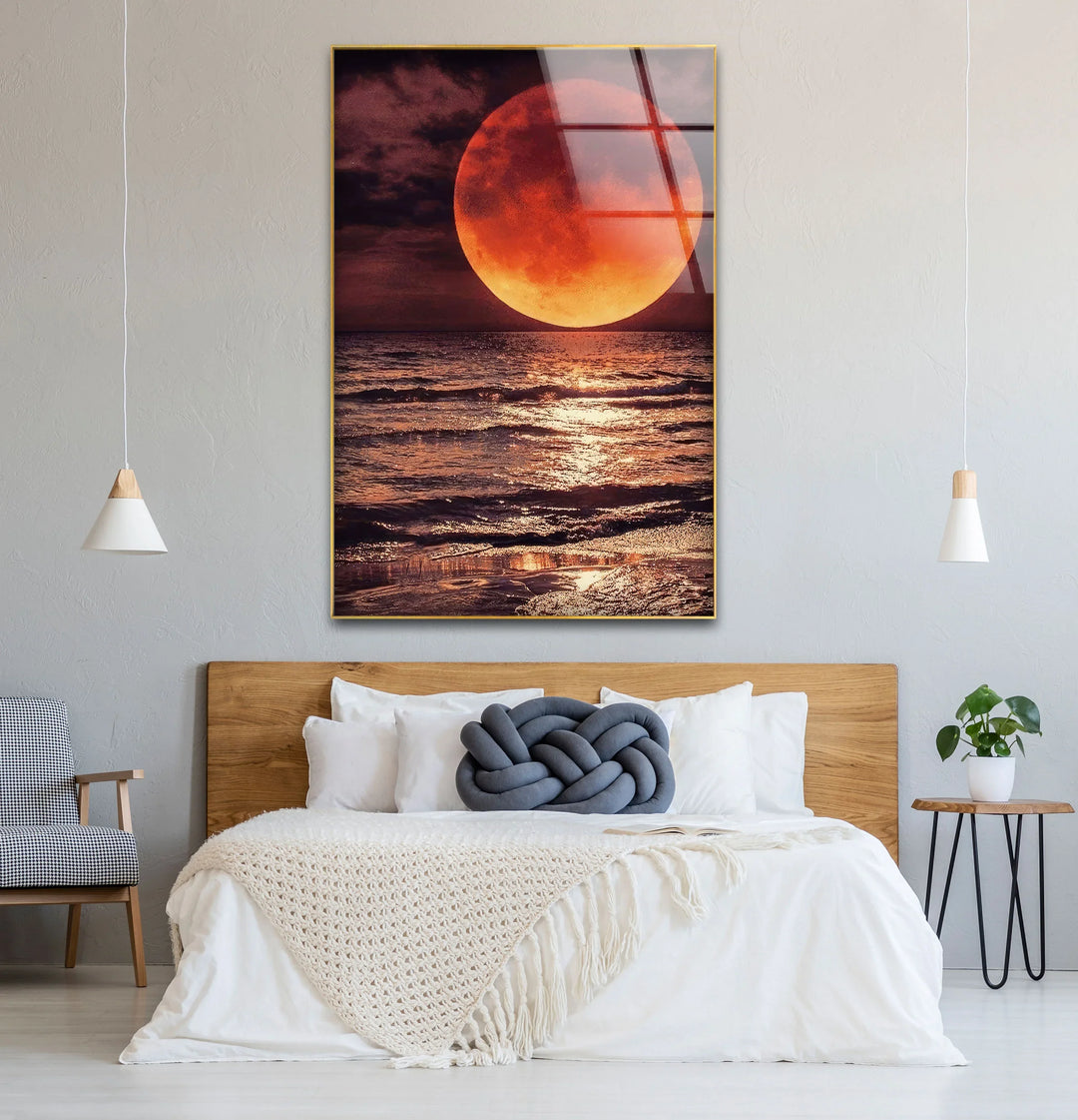 Red Moon Over Ocean Glass Wall Art – Dramatic Lunar Seascape Print for Bold Modern Decor - MyPhotoStation