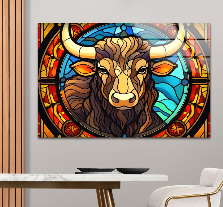 Wanddekoration mit Stier aus Buntglas – Rustikales Dekor, modernes Tierdesign 