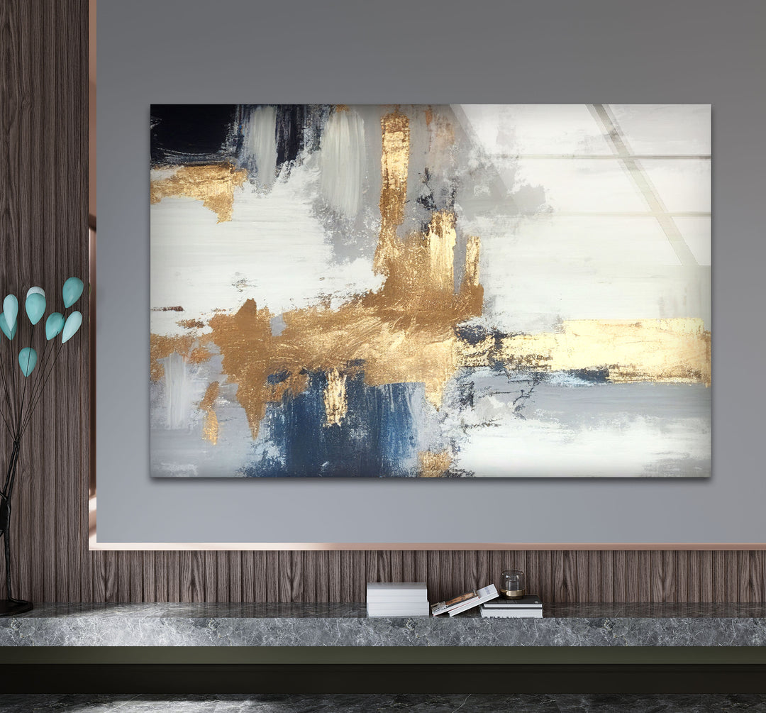 Navy Gold Brushstroke Wall Art – Modern Abstract Glass Print Décor