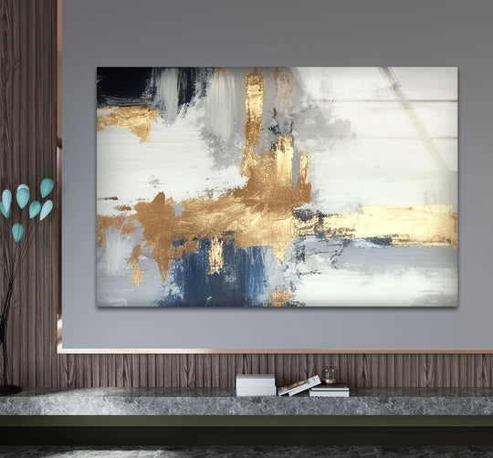 A rectangular navy and gold abstract glass print wall art, offering unique modern wall decor in a landscape orientation.