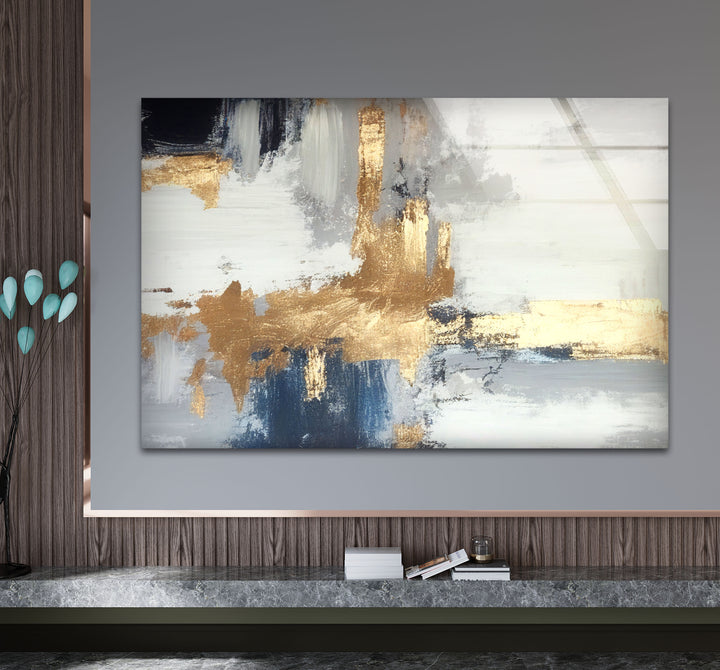 Navy Gold Brushstroke Wall Art – Modern Abstract Glass Print Décor