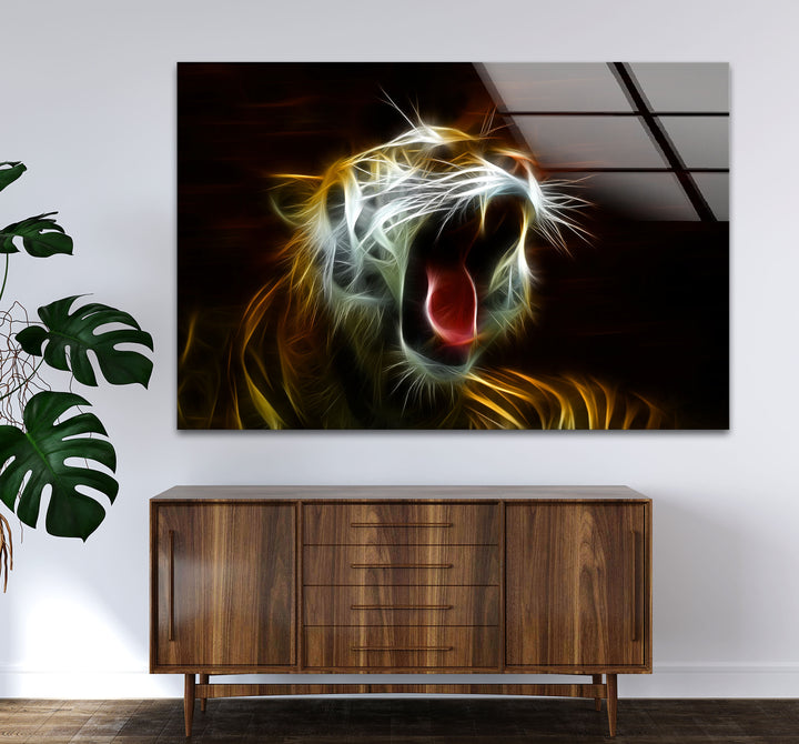 Electric Roar Tiger Wandkunst – Neon Wildtier Glasdruck Dekor