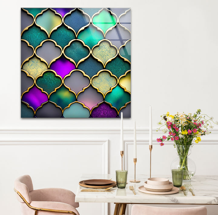 Moroccan Geometric Stained Glass Wall Art – Luxurious Gold & Teal Decor