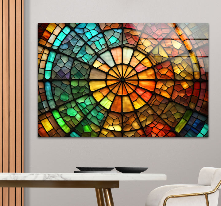 Radiant Wheel Mosaic Stained Glass Wall Art – Colorful Circular Window Decor