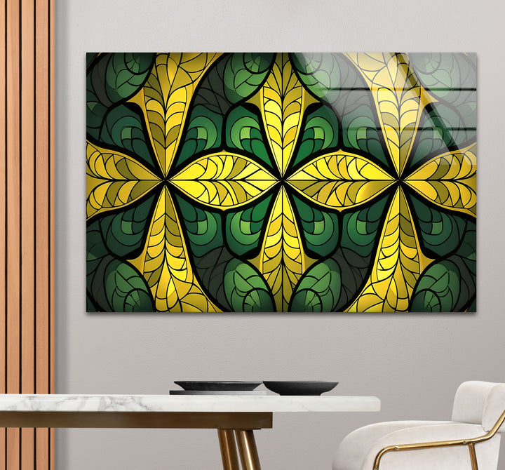 Green & Gold Stained Glass Wall Art – Botanical Geometric Glass Design