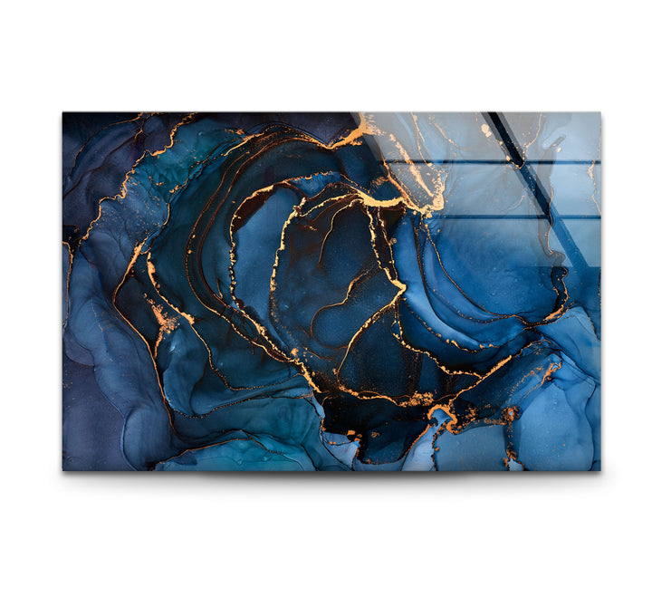 Midnight Blue Gold Abstract Wall Art – Luxury Fluid Ink Glass Print