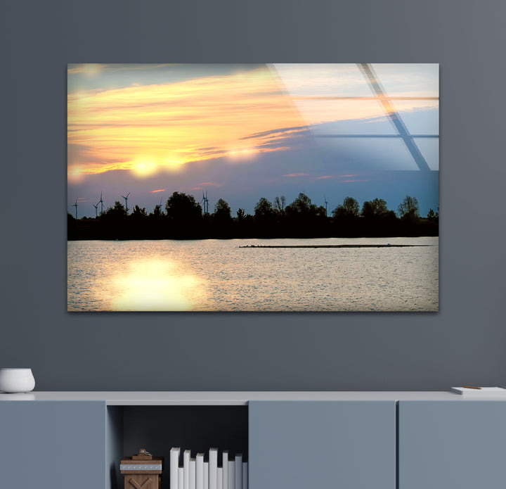 Sunset Lake View Wall Art – Serene Wind Turbine Glass Print for Eco-Inspired and Modern Interiors