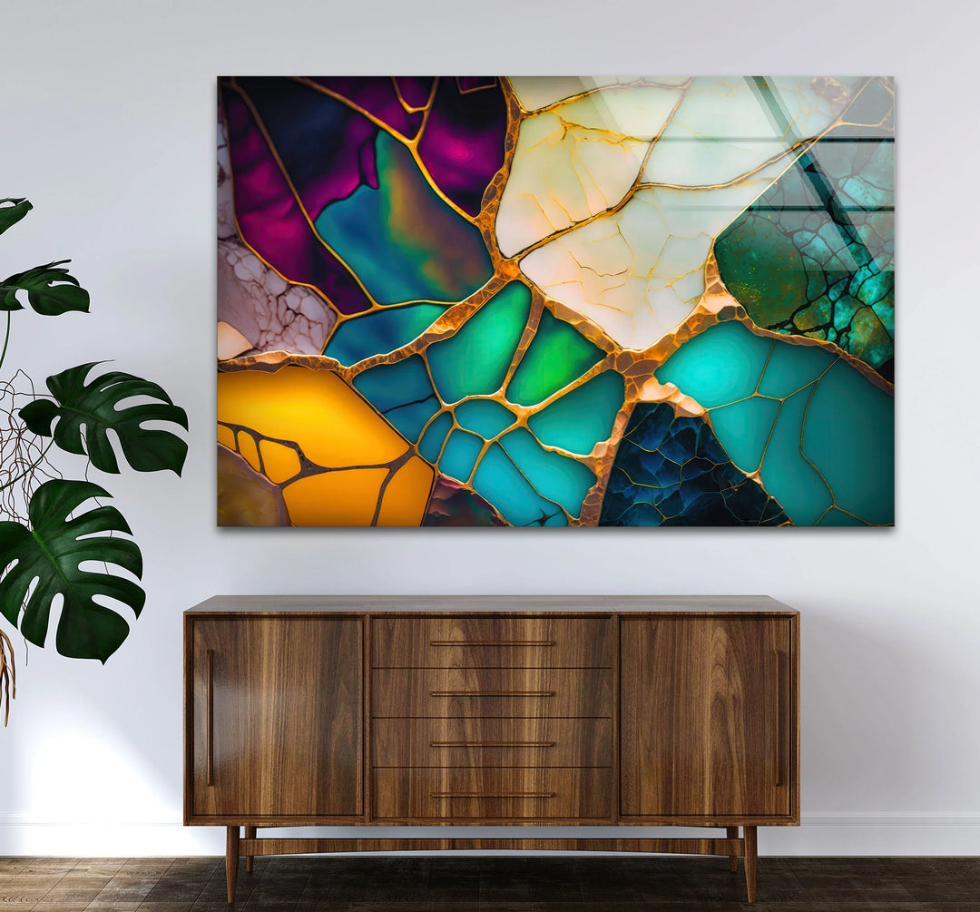 Colorful Abstract Stained Glass Wall Art – Golden Fractured Modern Glass Print - MyPhotoStation