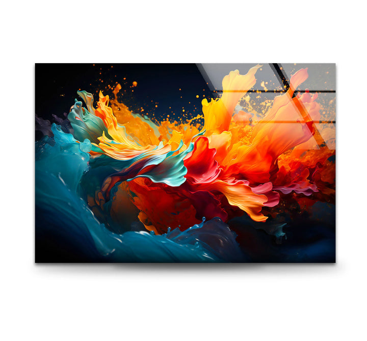 Fiery Abstract Splash Wall Art – Vibrant Glass Print in Red, Orange & Blue - MyPhotoStation