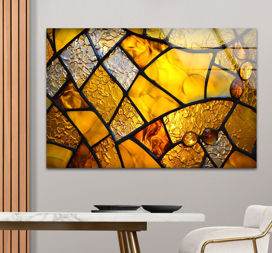 Goldene Buntglas-Wandkunst – Abstrakter strukturierter Glasdruck für Zuhause und Büro