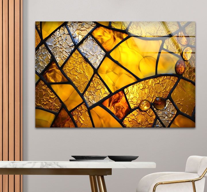 Goldene Buntglas-Wandkunst – Abstrakter strukturierter Glasdruck für Zuhause und Büro