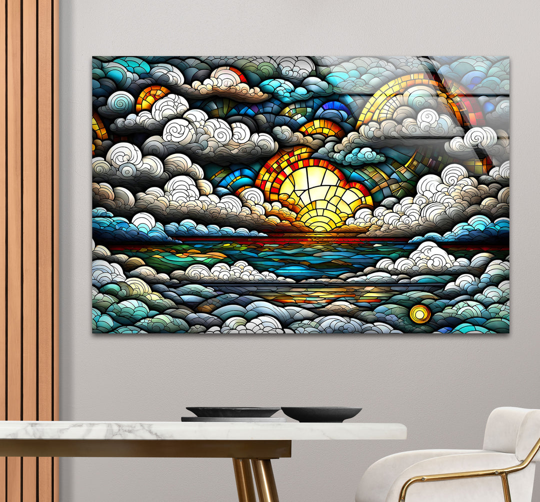Stained Glass Sunrise Cloudscape Wall Art – Serene Horizon Decor