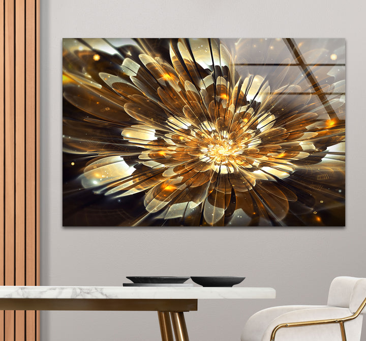 Golden Bloom Burst Wall Art – Radiant Abstract Flower Glass Print