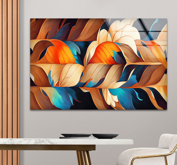 Abstract Feather Flow Glass Wall Art – Earthy Orange & Teal Nature Design