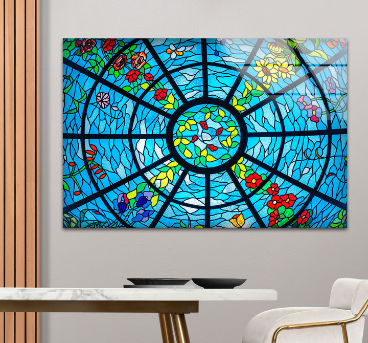 Blue Stained Glass Wall Art – Vibrant Floral & Ocean Window Design for Home & Office