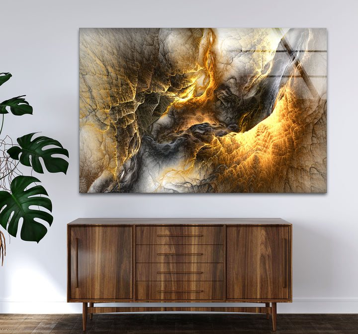 Golden Ember Cavern Wall Art – Textured Abstract Glass Print Decor