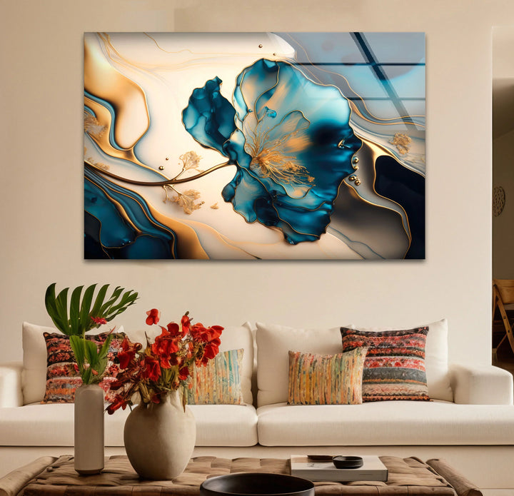 Luxury Blue Gold Floral Wall Art – Elegant Glass Print for Living Room or Office - MyPhotoStation