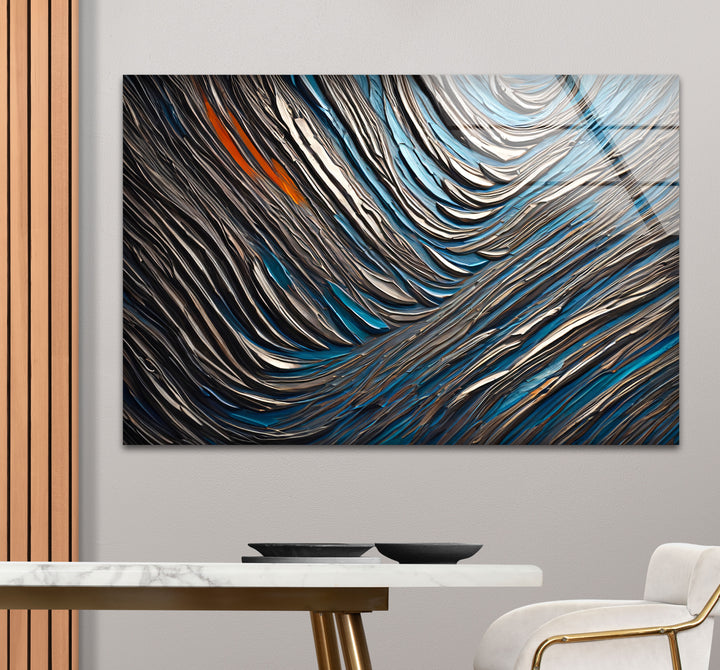 Textured Waves Abstract Glass Wall Art – Blue & Metallic Modern Decor