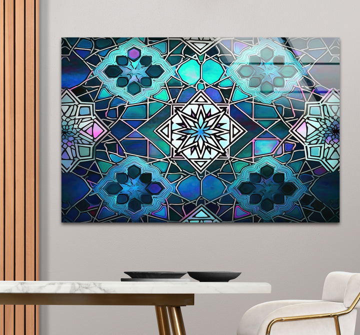 Blue Mosaic Star Glass Wall Art – Islamic Geometric Window Panel, Sacred Pattern Decor